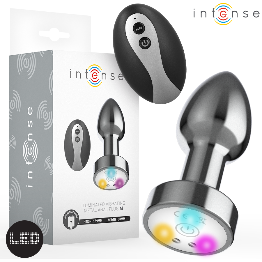 Boite grise du plug anal vibrant Intense a LED avec telecommande et plug chrome a base lumineuse visibles, plug metal conique jeux de temperature et lumiere