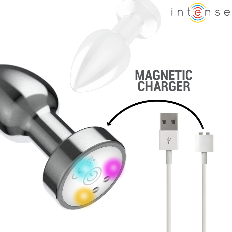Plug anal en metal chrome a base LED avec cable de charge magnetique, forme conique lisse bien visible, plug rechargeable jeux de temperature et vibration