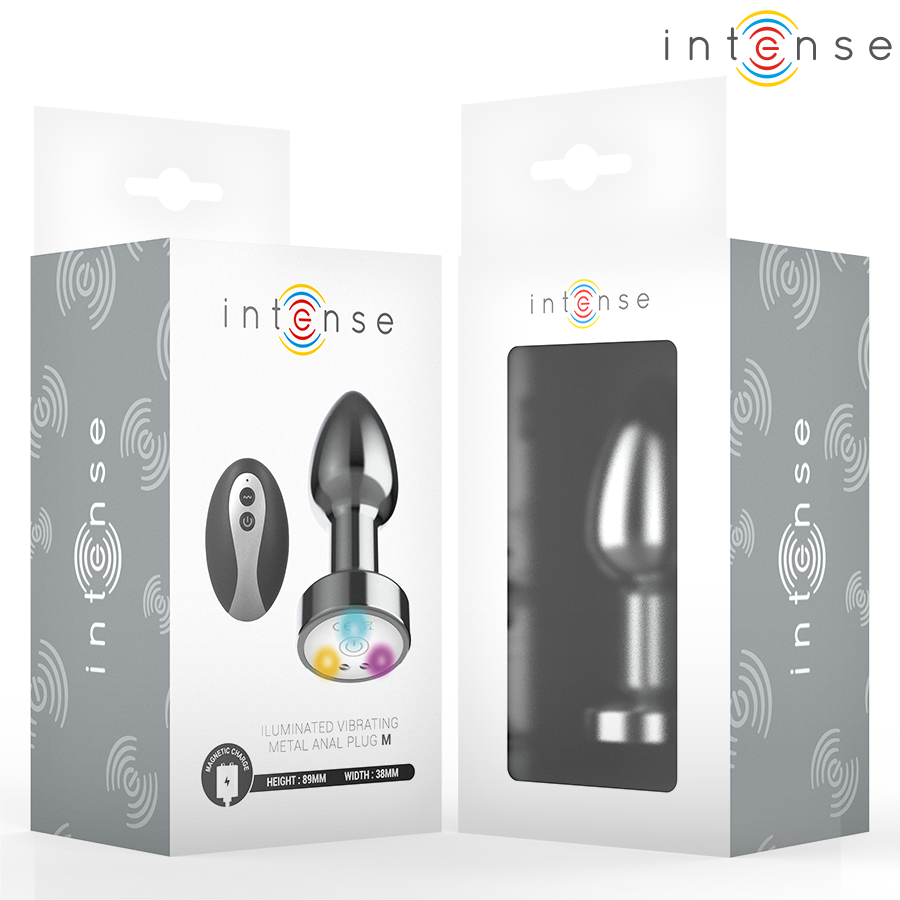 Emballages recto verso du plug anal vibrant Intense en metal a LED, plug chrome et telecommande montres sous deux angles, base evasee de securite rechargeable