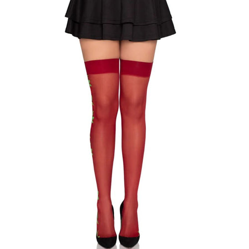 Bas hauts rouges semi-transparents portes sous une mini-jupe noire, vue de face sur les jambes nues, voile leger et sensuel pour une tenue glamour.