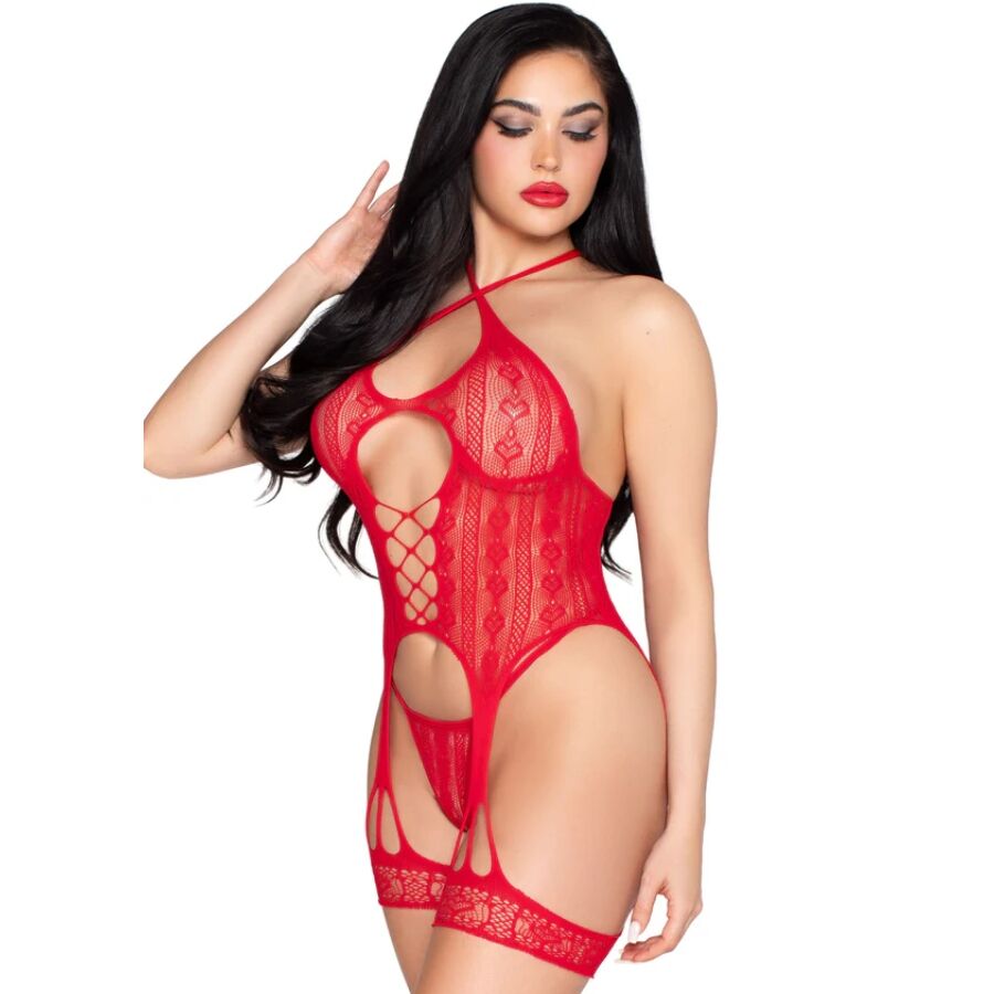 Vue de face rapprochee de la combinaison resille rouge a laçage corseté, decolleté lacé et maillage dentelle, allure sensuelle et vive.