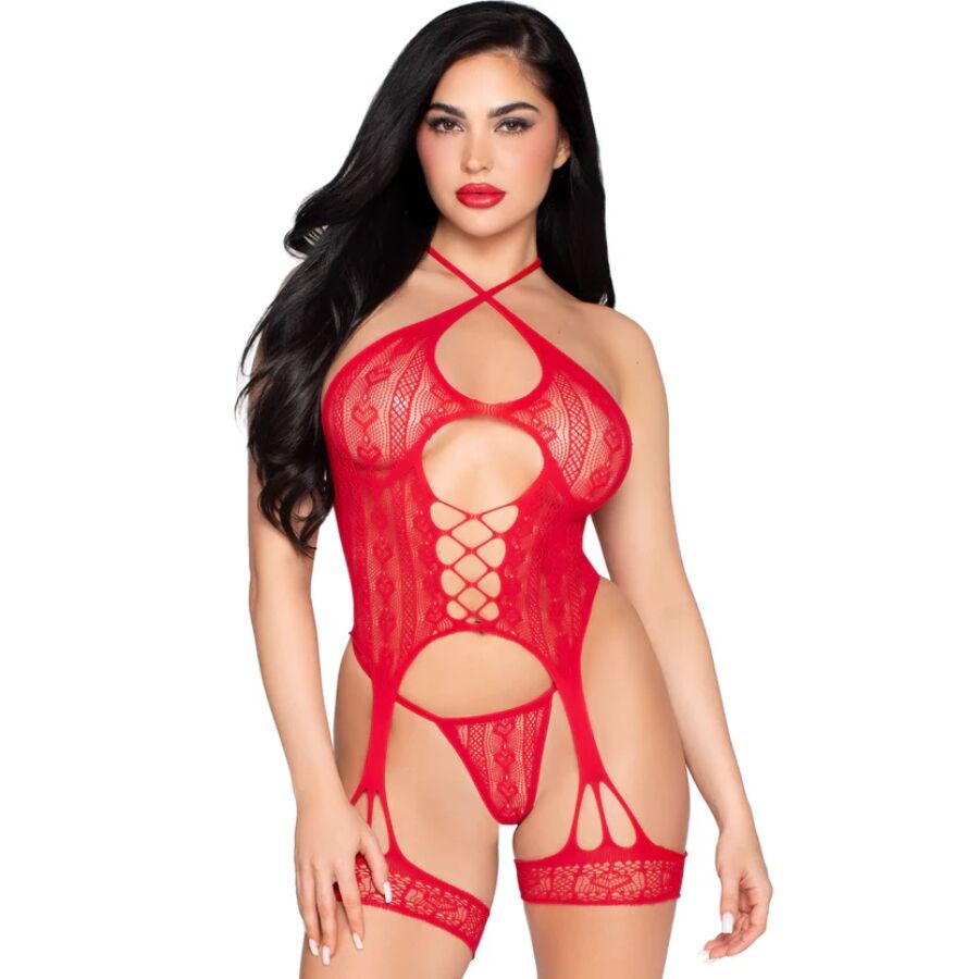 Combinaison resille rouge a laçage frontal et porte-jarretelles integre portee de face, maille dentelle moulante, look ardent Leg Avenue.