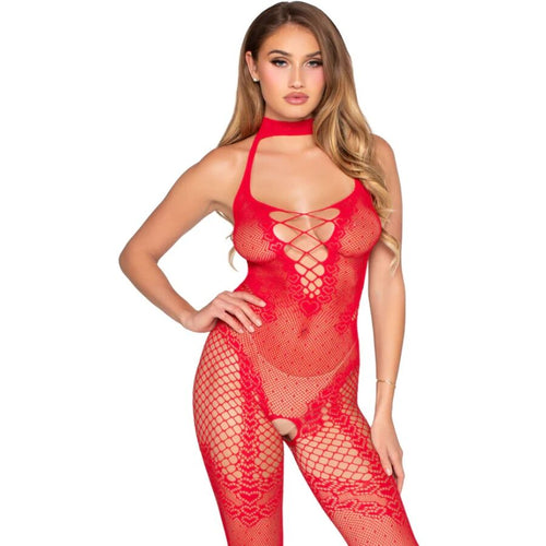 Combinaison resille rouge a laçage frontal portee de face, maille filet et dentelle moulante avec laçage corseté, look audacieux Leg Avenue.