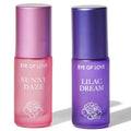 Coffret 2 parfums roll-on aux phéromones femme, flacons Sunny Daze rose et Lilac Dream violet cote a cote, duo jour et soir sans alcool Eye Of Love pour elle.