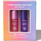 Coffret Roll-On Set Day To Night aux phéromones, boite degrade colore renfermant les roll-on Sunny Daze et Lilac Dream, duo parfum jour et soir Eye Of Love.