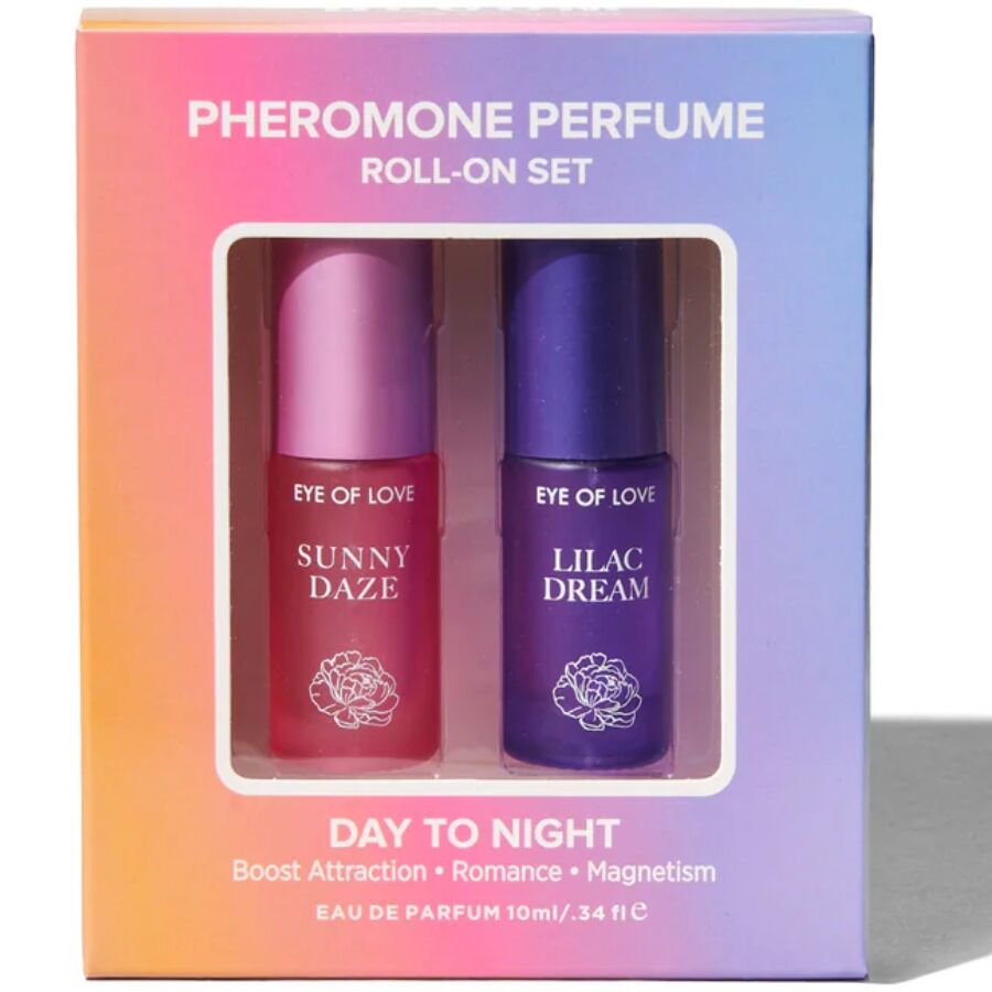 Coffret Roll-On Set Day To Night aux phéromones, boite degrade colore renfermant les roll-on Sunny Daze et Lilac Dream, duo parfum jour et soir Eye Of Love.