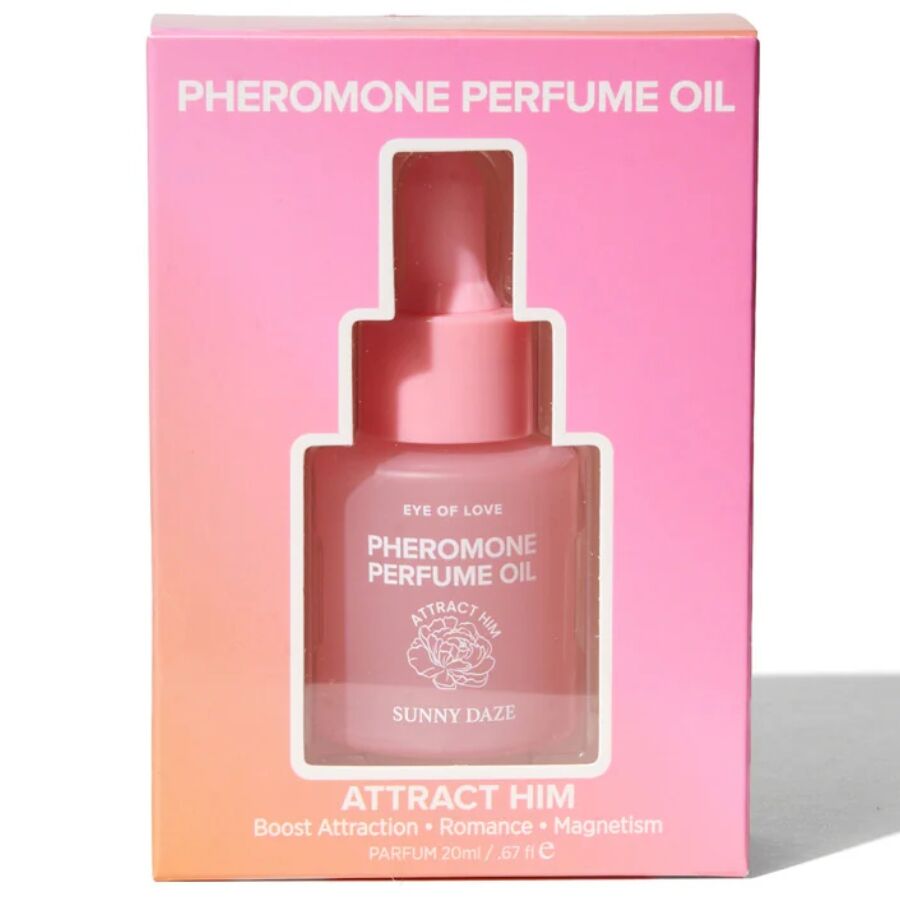 Huile de parfum aux phéromones Sunny Daze Attract Him, flacon rose a pipette dans sa boite Pheromone Perfume Oil, sillage solaire bergamote rose jasmin longue tenue.