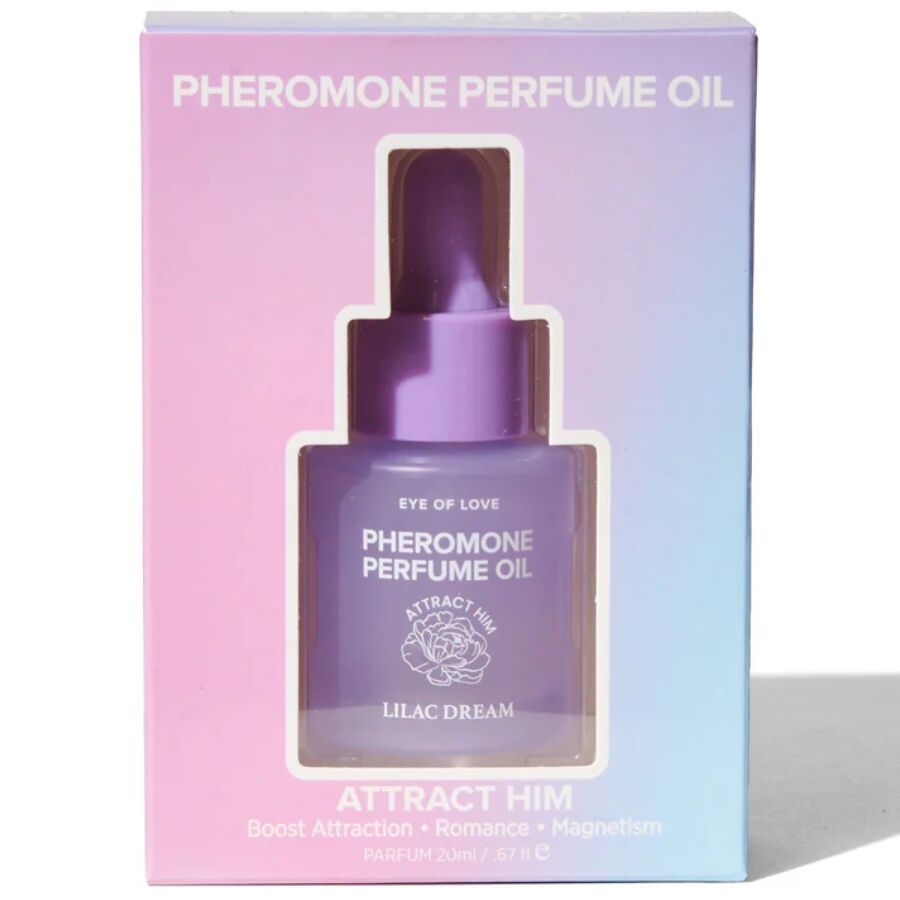 Huile de parfum aux phéromones Lilac Dream Attract Him, flacon violet a pipette dans sa boite rose et bleu Pheromone Perfume Oil, sillage vanille musc envoutant 20 ml.