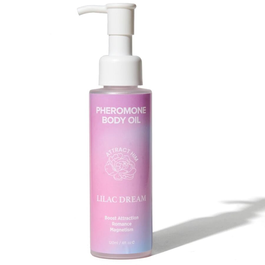 Huile corporelle aux phéromones vanille musc Lilac Dream 120 ml, flacon pompe degrade rose violet Pheromone Body Oil, soin nourrissant parfume longue tenue Eye Of Love.