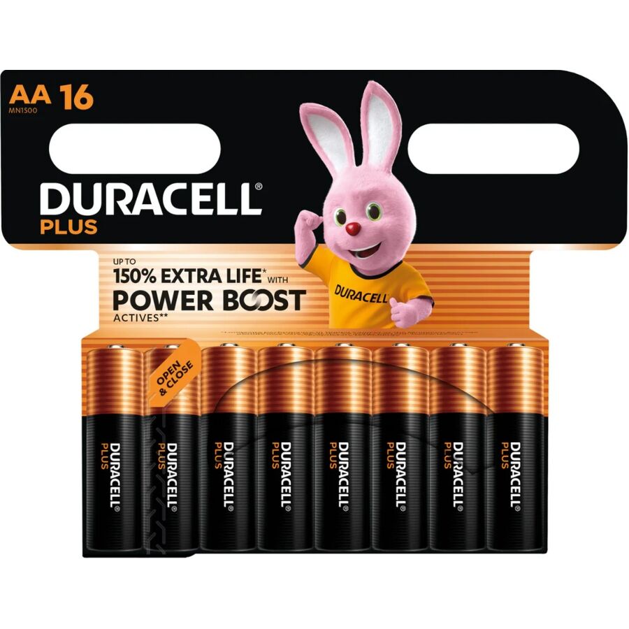 Carton economy Duracell Plus de seize piles AA alcalines LR6 vues de face, technologie Power Boost longue duree pour jouets sur pile et petits appareils.