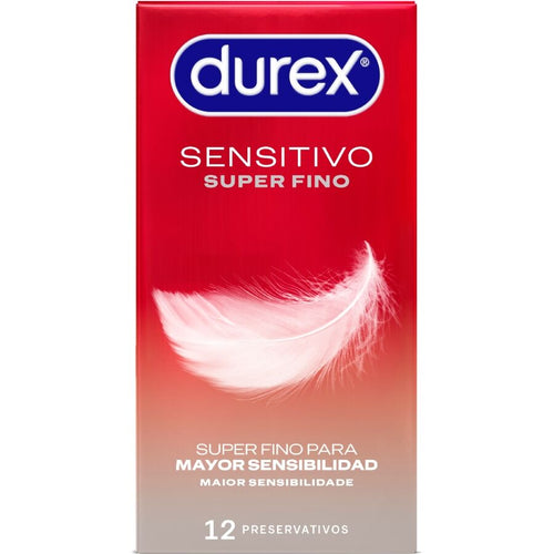 Boite rouge degradee Durex Sensitivo Super Fino a plume de face, preservatifs super fins latex transparent lubrifies pour mayor sensibilidad, boite de 12 unites.