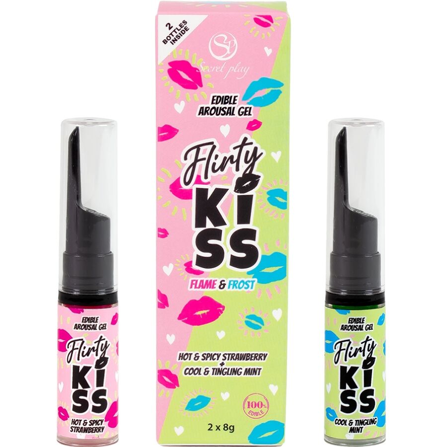 Boite Flirty Kiss et ses deux gels comestibles flame and frost, fraise epicee chaud et menthe fraiche, flacons pompe noirs, duo effet chaud-froid pour baisers gourmands.