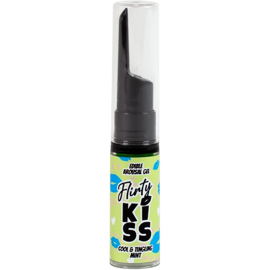 Flacon pompe Flirty Kiss saveur menthe fraiche cool and tingling, gel arousal comestible, etiquette verte, vue de face pour effet picotant rafraichissant.