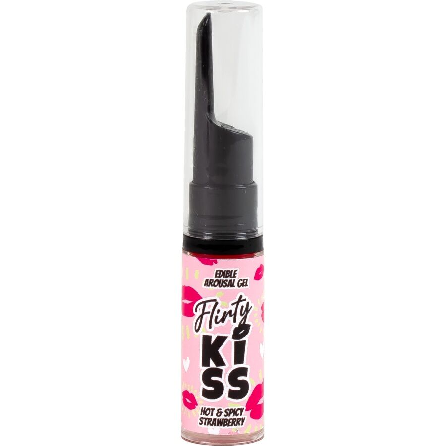Flacon pompe Flirty Kiss saveur fraise epicee hot and spicy, gel arousal comestible, etiquette rose a levres, vue de face pour effet chauffant sur la peau.