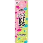 Boite Flirty Kiss flame and frost vue de profil, packaging vert citron et bouches rose, pack de deux gels comestibles 2 x 8 g fraise epicee et menthe fraiche.