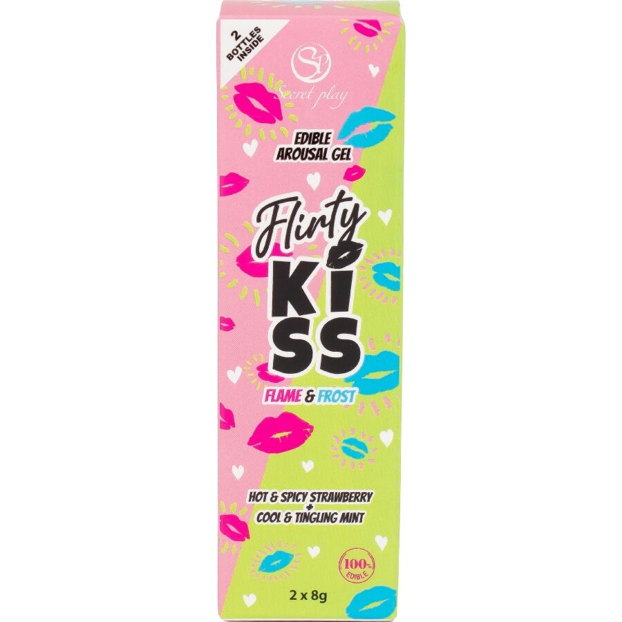 Boite Flirty Kiss flame and frost vue de profil, packaging vert citron et bouches rose, pack de deux gels comestibles 2 x 8 g fraise epicee et menthe fraiche.