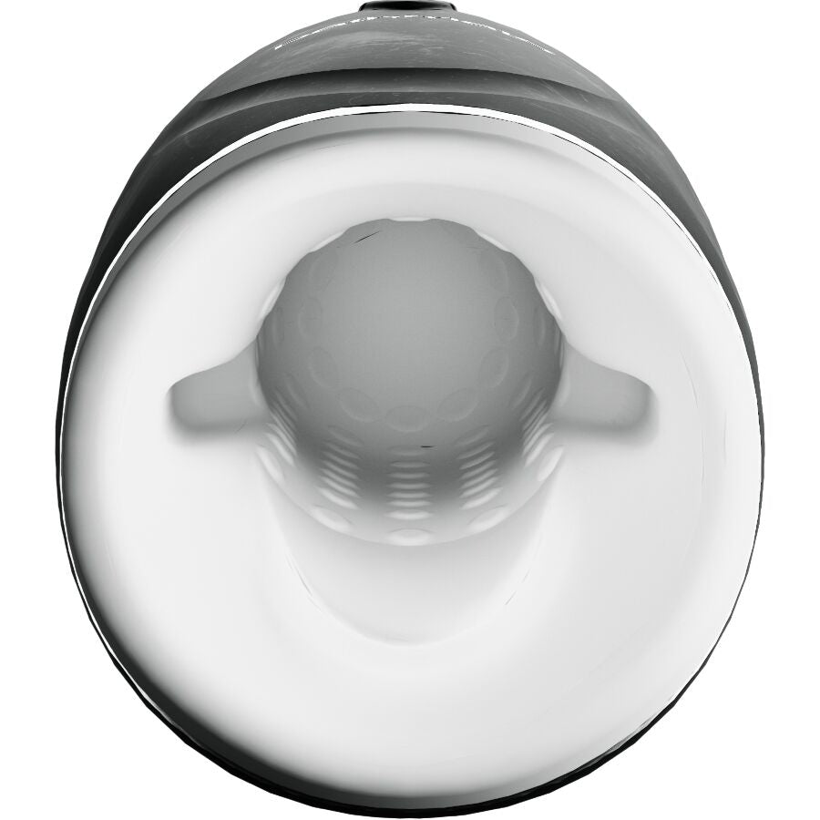 Masturbateur masculin Bathmate vu du dessus montrant l'orifice d'entrée et la gaine interne grise texturée non réaliste, intérieur conçu pour la stimulation.