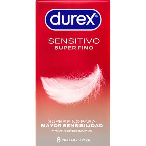 Boite rouge degradee Durex Sensitivo Super Fino a plume de face, preservatifs super fins latex transparent lubrifies pour sensibilite accrue, boite de 6 unites.