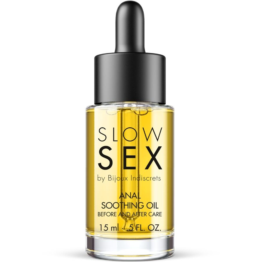 Flacon en verre Slow Sex Anal Soothing Oil de Bijoux Indiscrets, 15 ml, huile anale apaisante doree avec pipette compte-gouttes, soin avant et apres rapport, extraits vegetaux