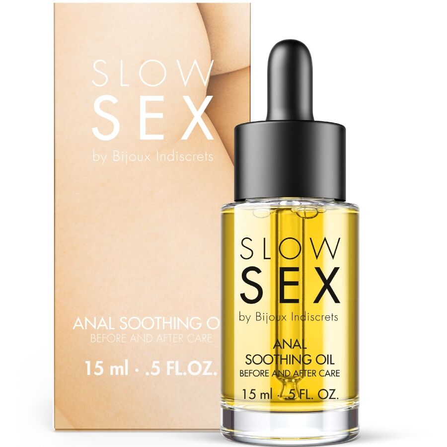Huile anale apaisante Anal Soothing Oil Slow Sex Bijoux Indiscrets, flacon compte-gouttes dore et etui, soin apaisant base vegetale 15 ml sur fond clair