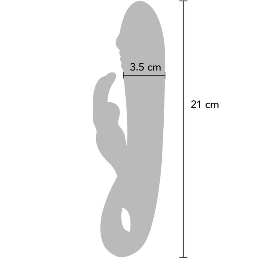 Schema technique gris du vibromasseur lapin avec cotes : longueur 21 cm, diametre 3,5 cm. Silhouette ombree de la tige incurvee et des oreilles clitoridiennes.