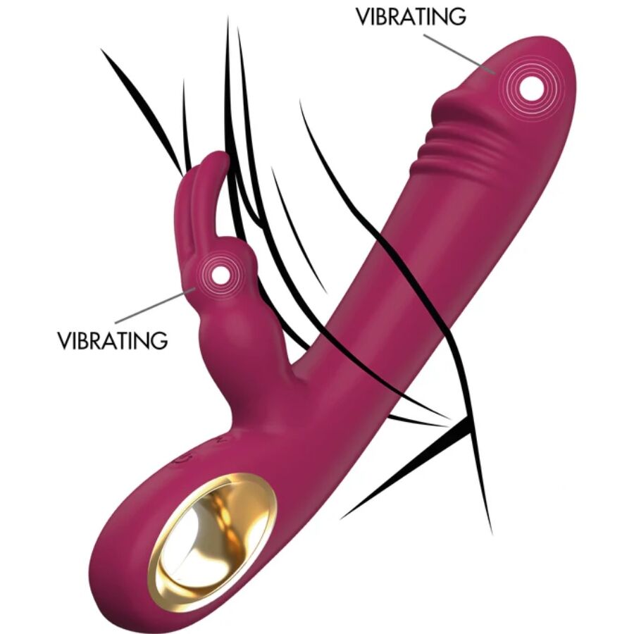 Vibromasseur lapin rose fonce en action, mentions Vibrating sur la tige point G et les oreilles clitoris. Double stimulation simultanee a deux moteurs silencieux.