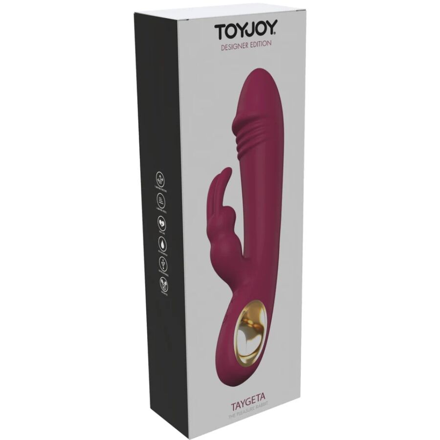 Boite noire Toy Joy Designer Edition Taygeta presentant le vibromasseur lapin rose a oreilles clitoridiennes et embout dore. Emballage premium du rabbit a 10 modes.