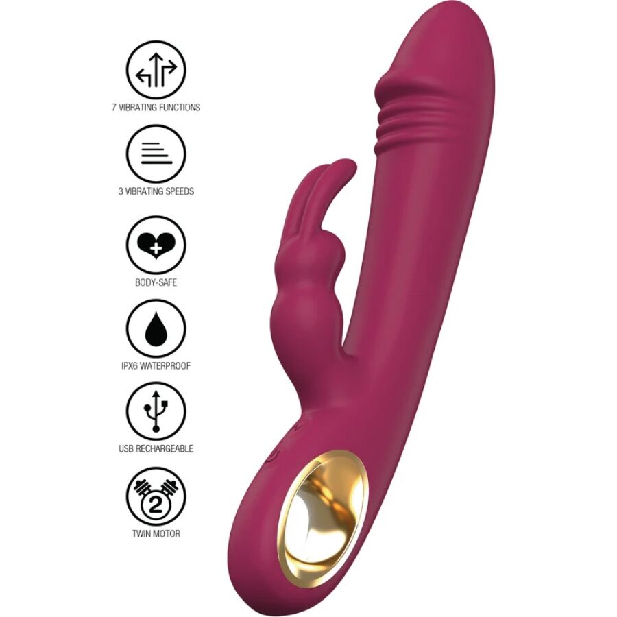 Vibromasseur lapin rose fonce vu de face, pictos a gauche : 7 fonctions, 3 vitesses, body-safe, etanche, USB, twin motor. Tige point G et oreilles clitoris.
