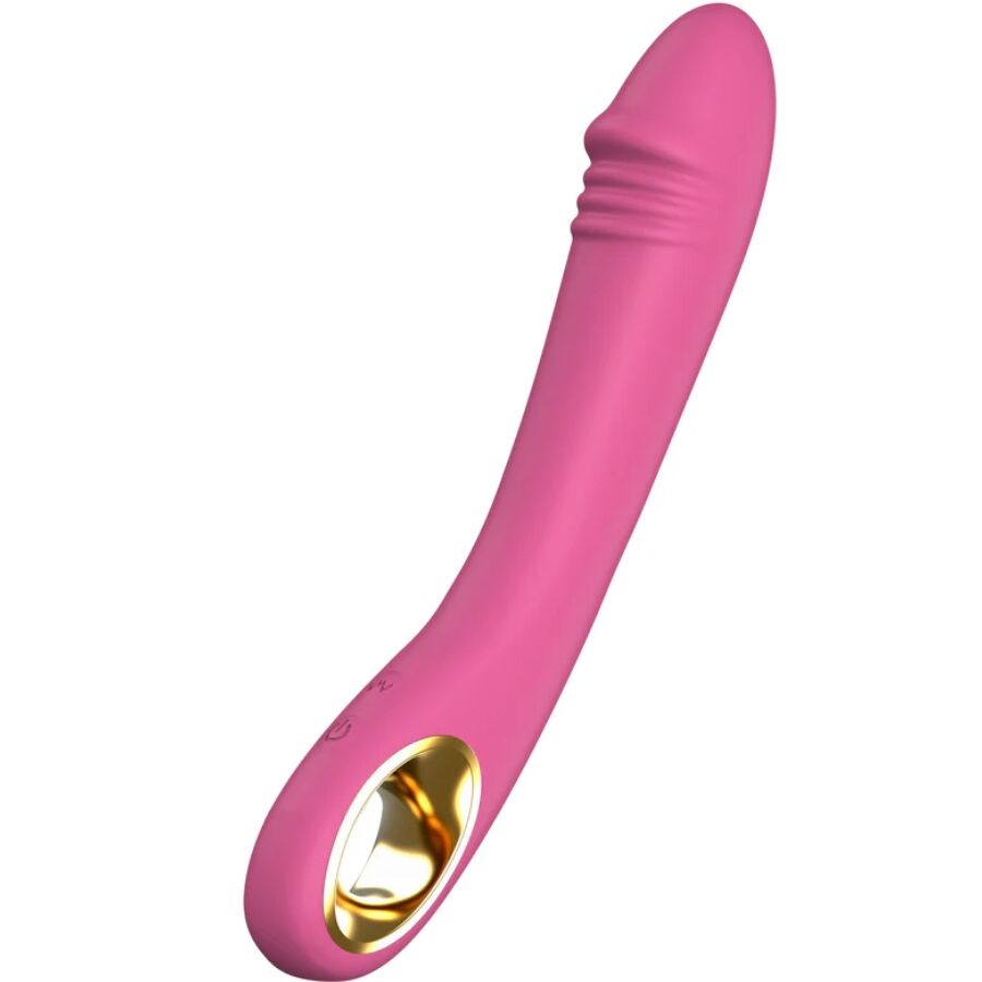 Vibromasseur point G rose en silicone a tete incurvee, vue de trois quarts avec embout dore. Forme galbee non realiste a 10 modes pour cibler le point G.