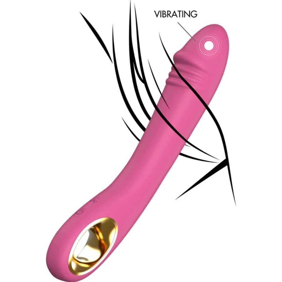 Vibromasseur point G rose en silicone en action, traits indiquant la vibration de la tete incurvee. Moteur silencieux a 10 modes pour stimulation precise du point G.