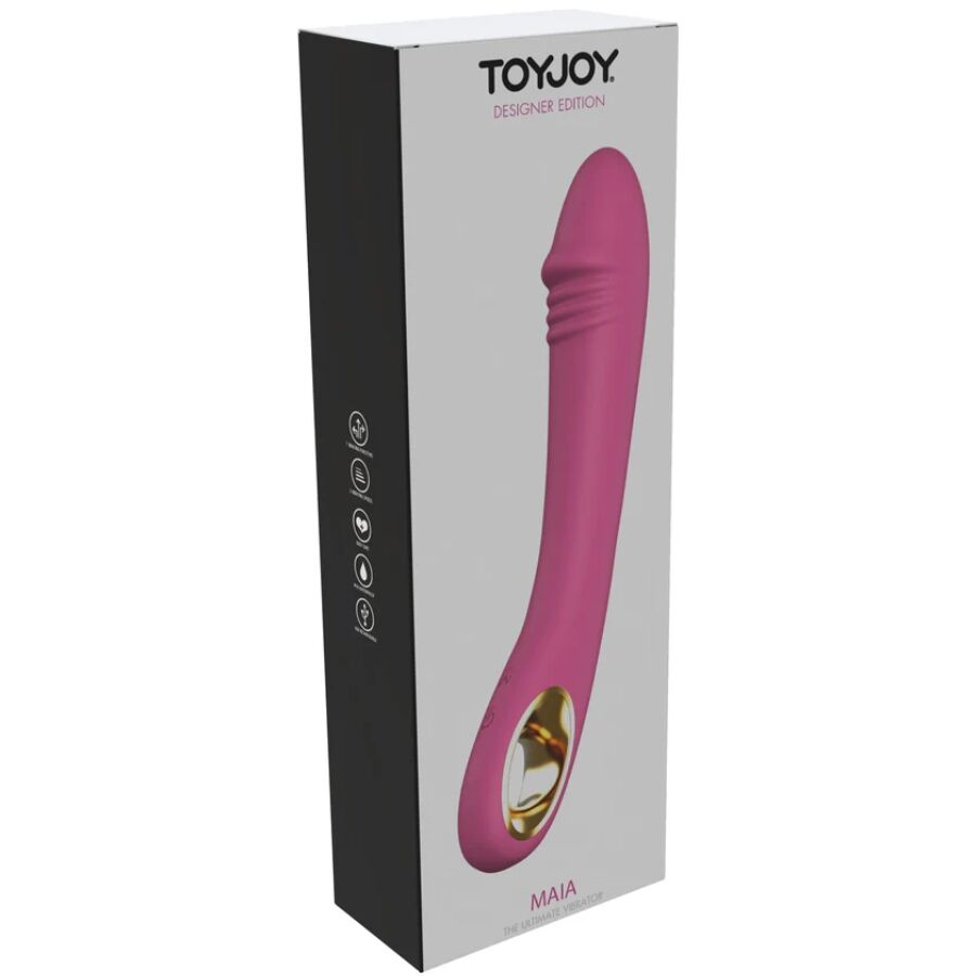Boite noire Toy Joy Designer Edition Maja presentant le vibromasseur point G rose a tete incurvee et embout dore. Emballage premium sobre du modele a 10 modes.