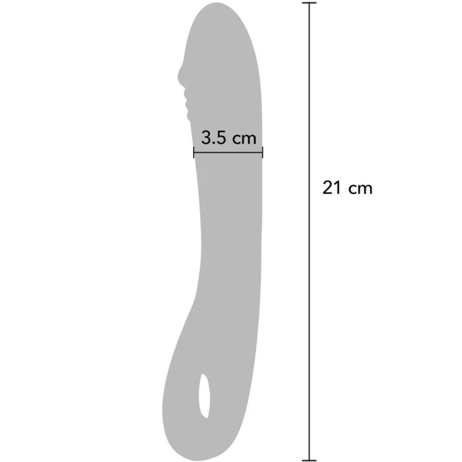 Schema technique gris du vibromasseur point G avec cotes : longueur 21 cm, diametre 3,5 cm. Silhouette ombree de la tige incurvee a poignee ergonomique.