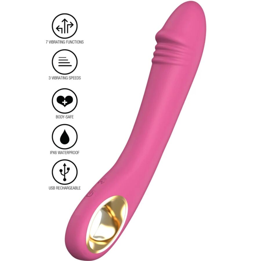 Vibromasseur point G rose en silicone vu de profil, picto fonctions a cote : 7 vibrations, 3 vitesses, body-safe, etanche IPX6, recharge USB. Tete incurvee.
