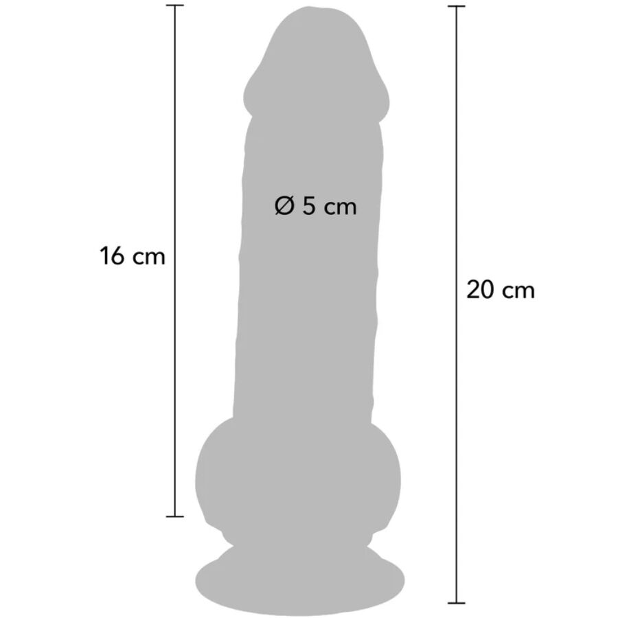 Schema cote du gode realiste Get Real a testicules, longueur 20 cm, partie inserable 16 cm et diametre 5 cm, silhouette anatomique a gland et base ventouse mains libres.