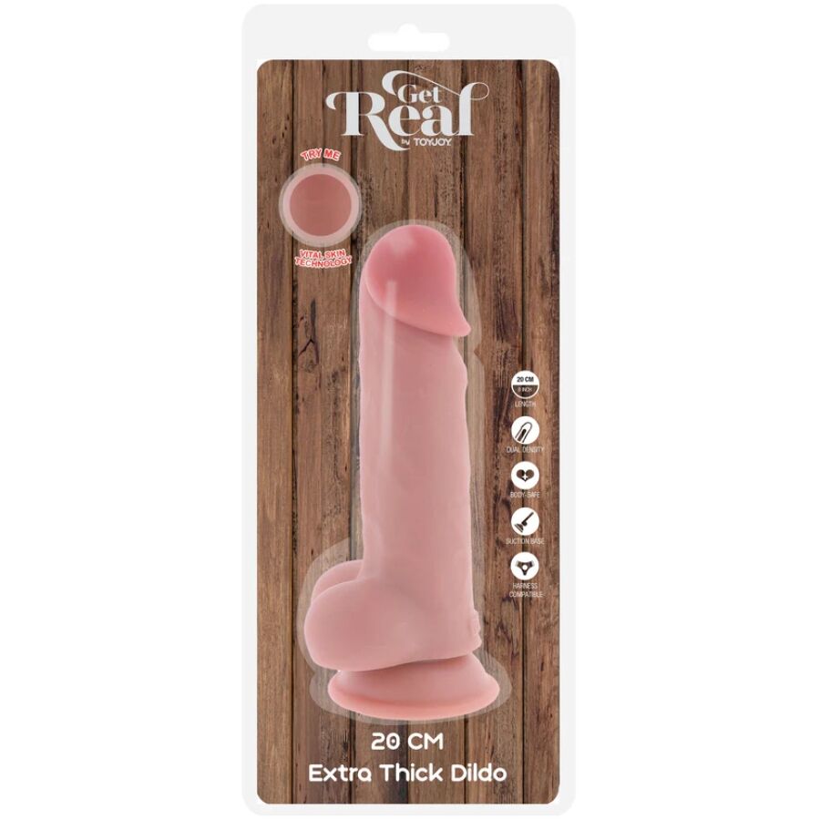 Boite Get Real Toy Joy du dildo extra epais 20 cm a testicules, packaging bois illustrant le gode chair realiste a gland et ventouse, gamme silicone double densite.