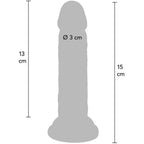Schema cote du gode realiste Get Real 15 cm avec partie inserable 13 cm et diametre 3 cm, silhouette anatomique a gland et ventouse pensee pour le mains libres.
