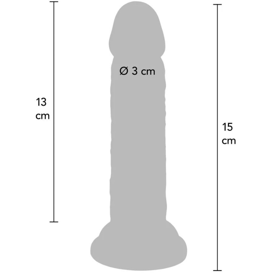 Schema cote du gode realiste Get Real 15 cm avec partie inserable 13 cm et diametre 3 cm, silhouette anatomique a gland et ventouse pensee pour le mains libres.