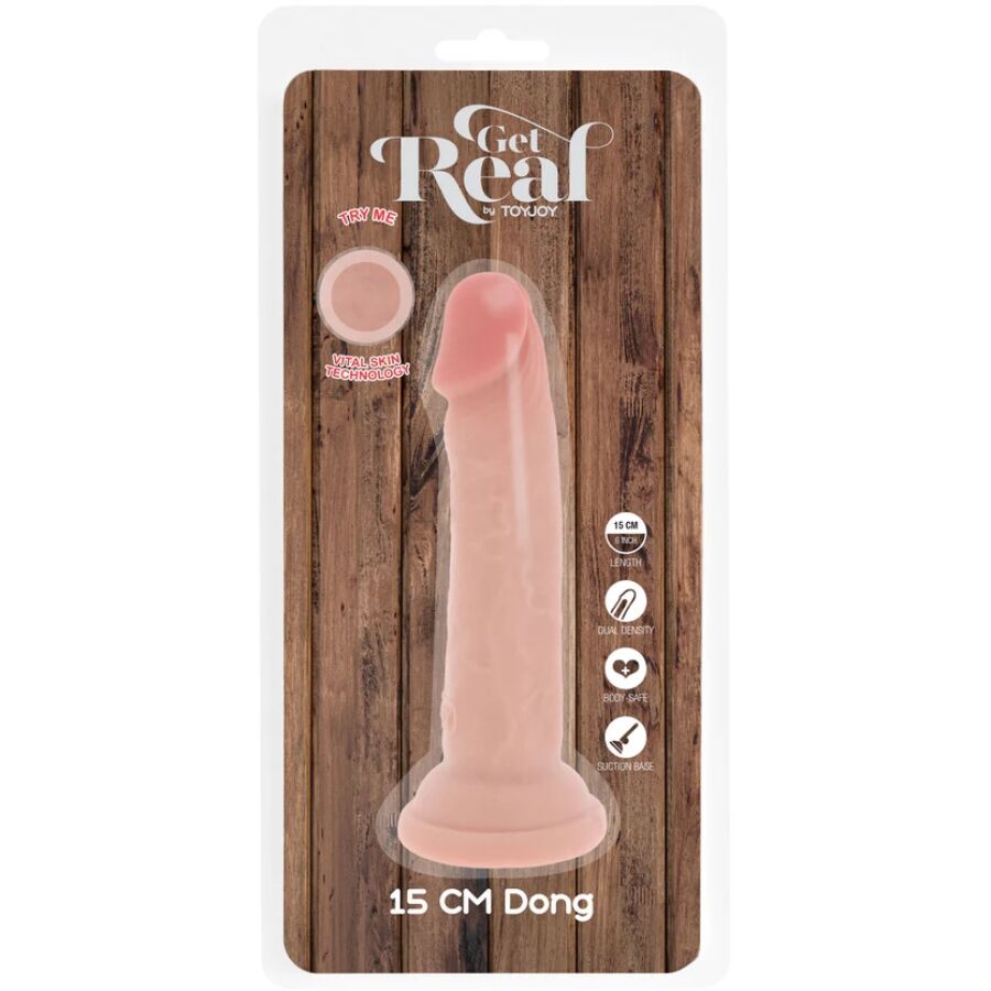 Boite Get Real Toy Joy du dong 15 cm, packaging bois illustrant le gode chair realiste a gland et base ventouse, gamme silicone effet peau compatible harnais.