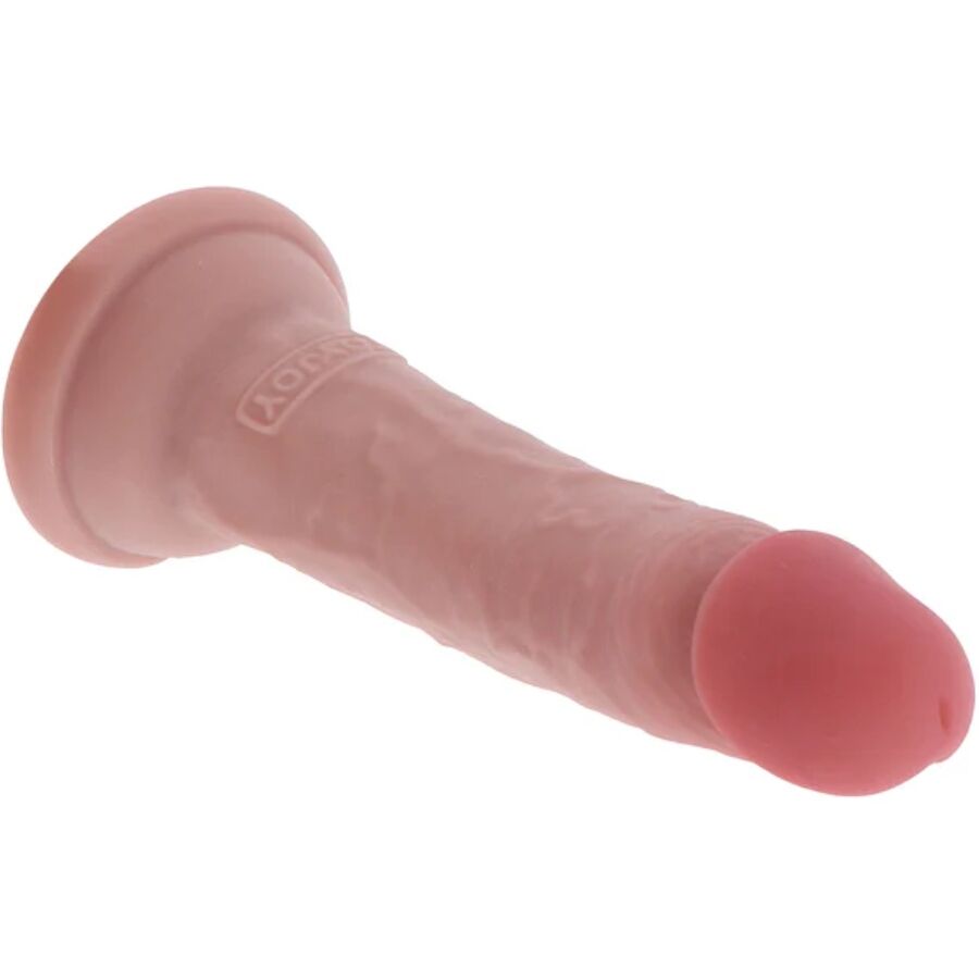 Gode realiste Get Real chair pose a plat avec ventouse visible, tige incurvee et gland detaille, silicone souple double densite pour un usage mains libres confortable.