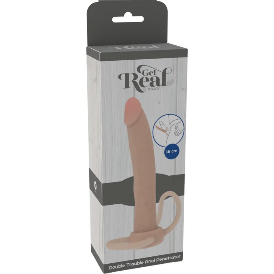 Boite Get Real Double Trouble Anal Penetrator montrant le penetrateur chair realiste a gland marque sous emballage gris. Modele double en silicone de 16 cm.
