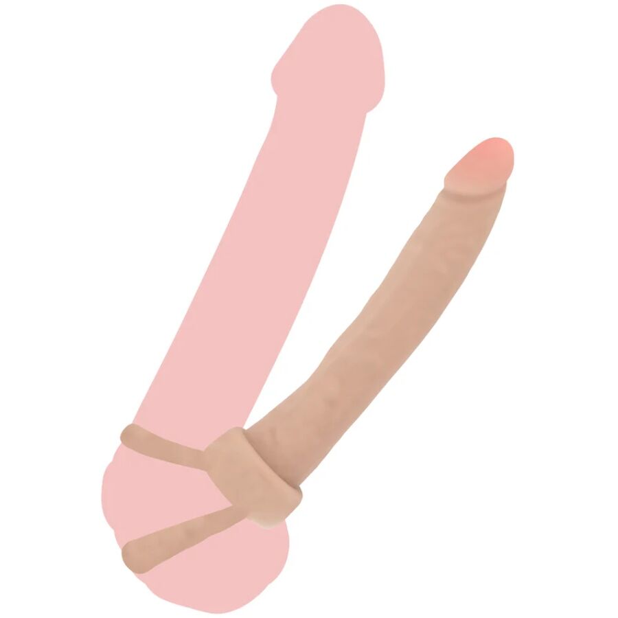 Double penetrateur Get Real chair vu de face, deux tiges realistes veinees a glands marques pour penetration simultanee. Silicone souple de 16 cm a poignees.
