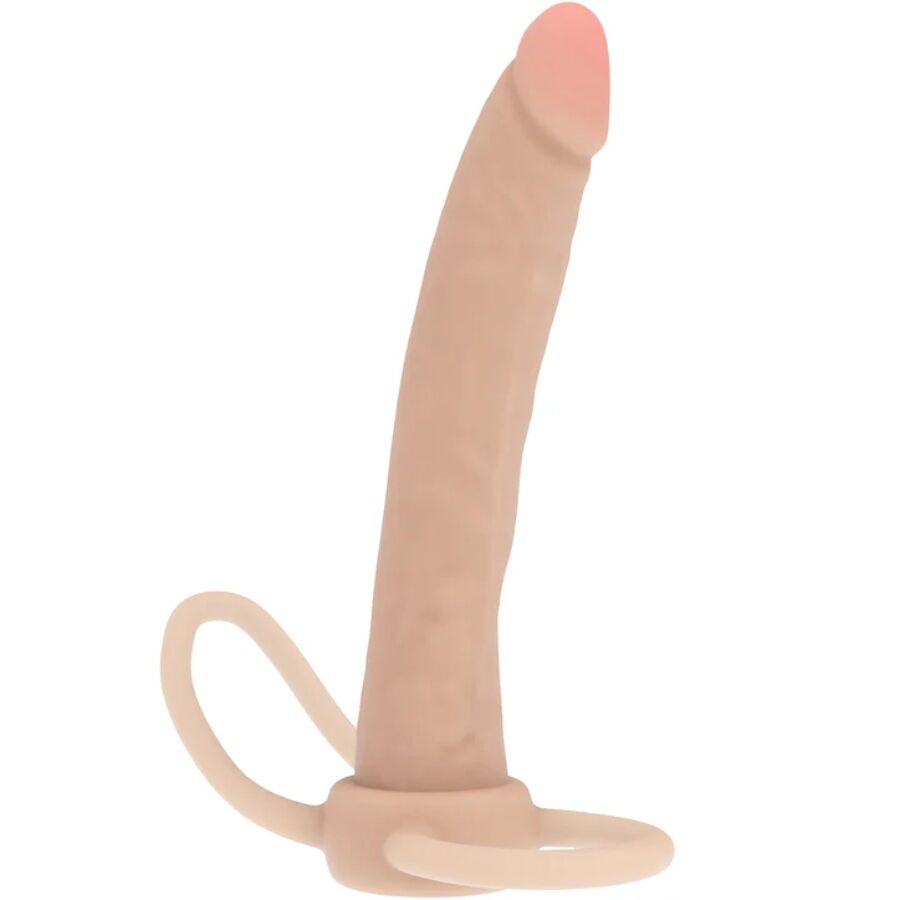 Double penetrateur anal Get Real chair en silicone de 16 cm, vue de trois quarts. Tige realiste veinee a gland marque et anneau souple pour double stimulation.