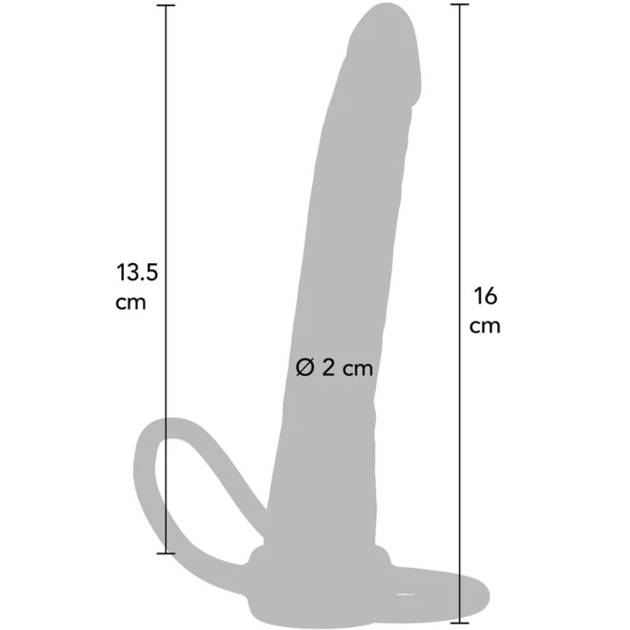 Schema technique gris du double penetrateur anal avec cotes : longueur 16 cm, partie inferieure 13,5 cm, diametre 2 cm. Silhouette ombree sans detail anatomique.