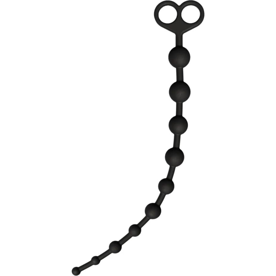 Chapelet anal noir en silicone aux billes progressives, vue de face avec anneau de prise. Fil souple de 38 cm aux perles croissantes jusqu'a 2,5 cm de diametre.