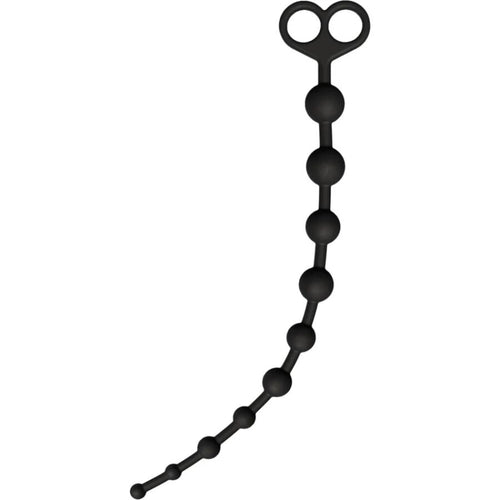 Chapelet anal noir en silicone aux billes progressives, vue de face avec anneau de prise. Fil souple de 38 cm aux perles croissantes jusqu'a 2,5 cm de diametre.
