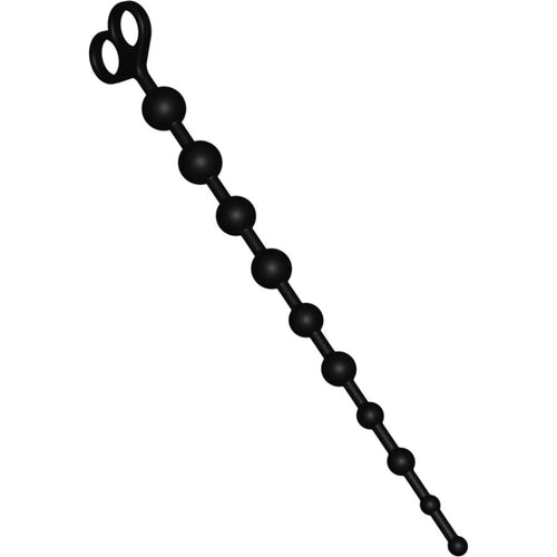 Chapelet anal noir en silicone en diagonale, billes progressives et double anneau ergonomique. Fil flexible epousant le corps pour une exploration anale douce.