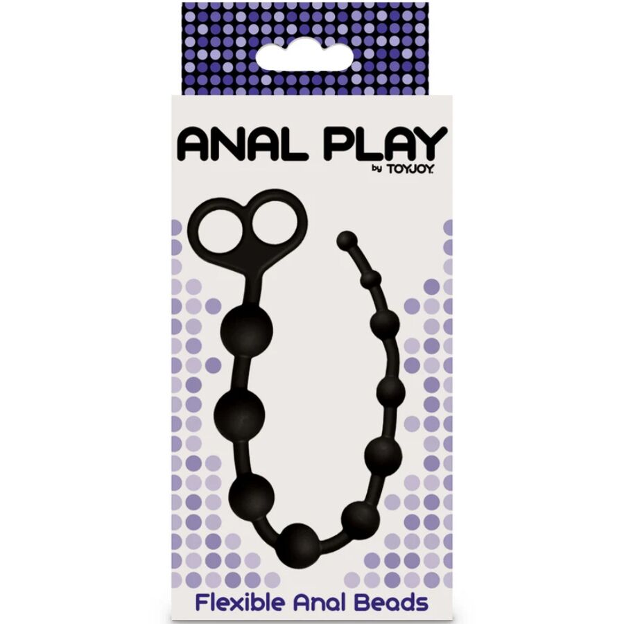 Boite Anal Play by Toy Joy Flexible Anal Beads, fond violet a pois, montrant le chapelet anal noir aux billes progressives et son anneau de prise.