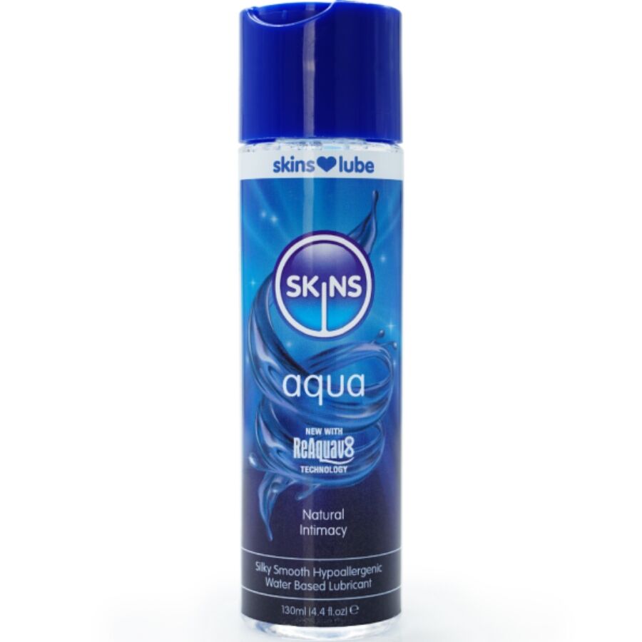 Flacon haut Skins Aqua lubrifiant base eau sensation naturelle, bouchon bleu fonce, glisse fluide longue duree compatible preservatifs et jouets