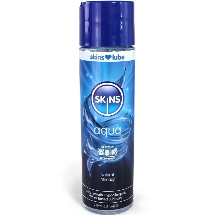 Flacon Skins Aqua lubrifiant base eau vue de face, etiquette bleue degradee, glisse soyeuse naturelle longue duree compatible preservatifs et jouets