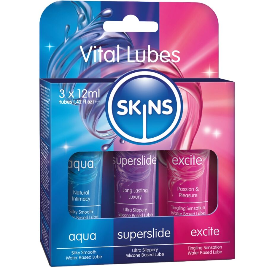 Coffret Skins Vital Lubes trio Aqua Superslide Excite, boite presentant trois tubes 12 ml pour tester base eau silicone et effet picotement